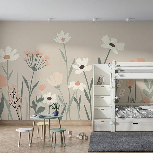 Kids-Mundo wildflower meadow wall mural covering a feature wall in a girls bedroom