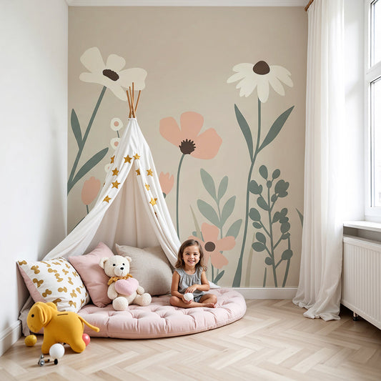 Pastel wildflower wall mural by Kids-Mundo styled behind a cot in a blush nursery
