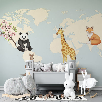 Kids-Mundo pastel world map mural with kangaroo and joey in a playroom setting