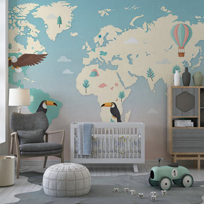 Kids-Mundo world map mural with raccoon and eagle on a pastel kids bedroom wall