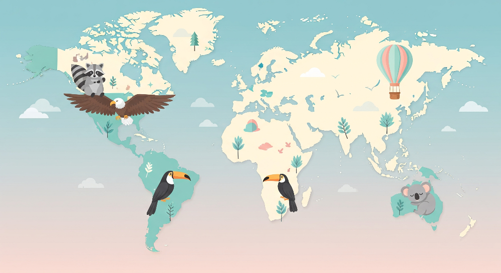 Pastel World Map with Toucan and Hot Air Balloon Wall Mural