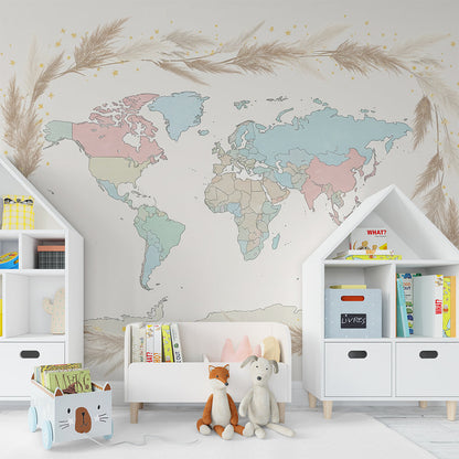 Pastel world map wall mural by Kids-Mundo styled as a calm feature wall in a child's bedroom