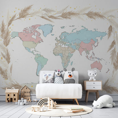 Kids-Mundo pastel world map mural with gold stars covering a wall in a bright playroom