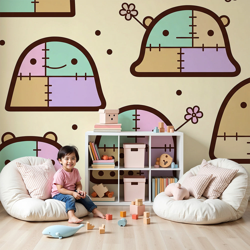 Kids-Mundo patchwork bear nursery wallpaper mural styled in a pastel nursery