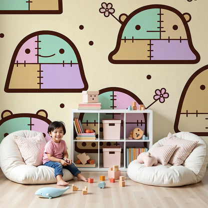 Kids-Mundo patchwork bear nursery wallpaper mural styled in a pastel nursery