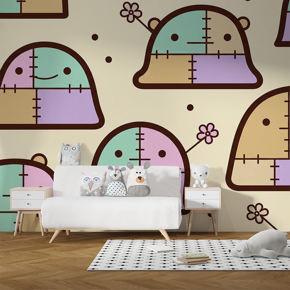 Kids-Mundo pastel patchwork bear wall mural brightening a cosy playroom