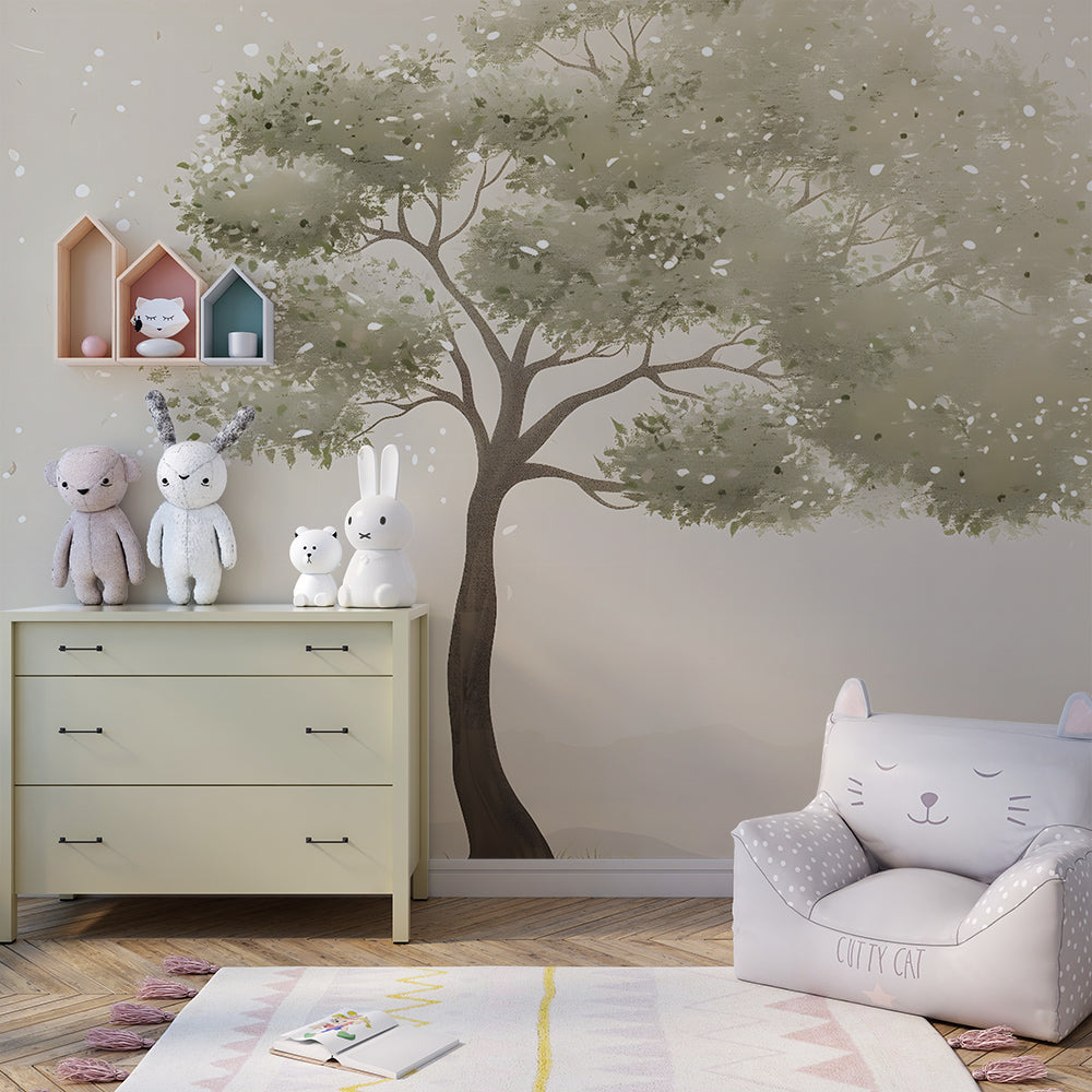 Watercolour tree wall mural from Kids-Mundo softening a calm playroom corner
