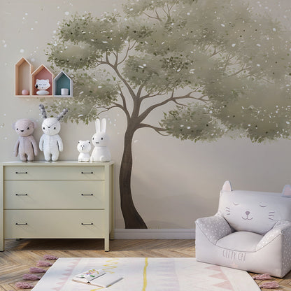 Watercolour tree wall mural from Kids-Mundo softening a calm playroom corner