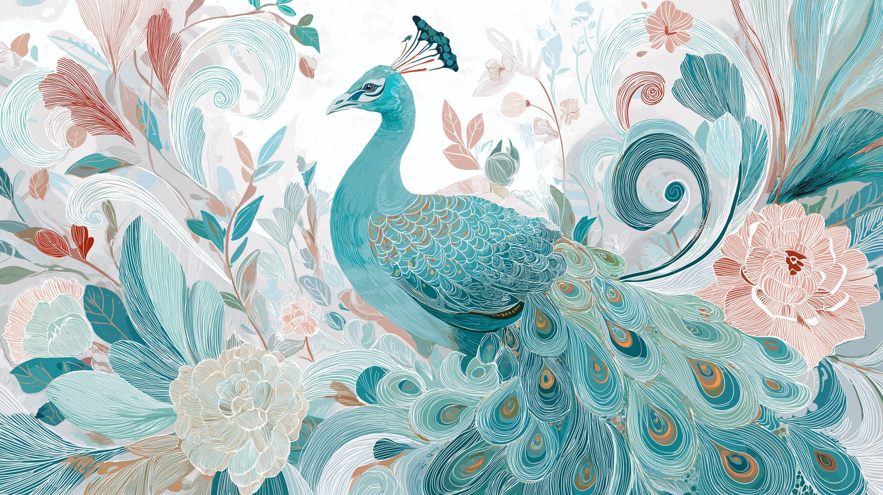 Detailed peacock and floral mural wallpaper design pattern showing turquoise bird artwork by Kids-Mundo