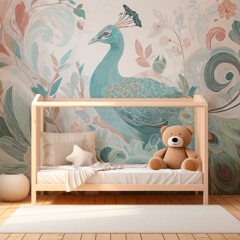 Bird themed wallpaper featuring majestic peacock in stylish kids room interior design