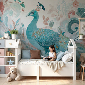 Elegant peacock mural wallpaper with turquoise bird and flowers in modern kids nursery by Kids-Mundo