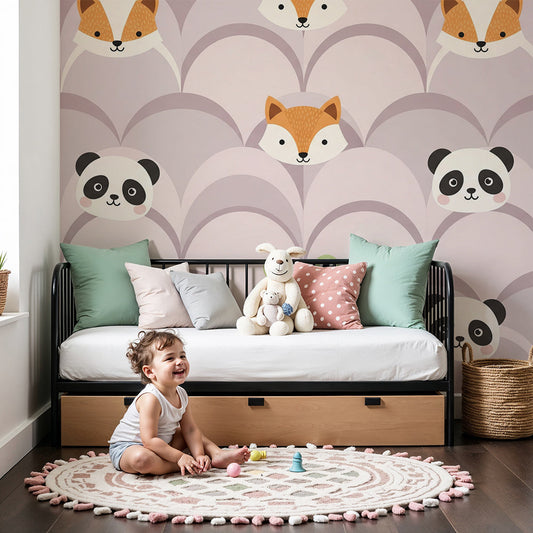 Kids-Mundo peekaboo fox and panda wall mural in blush pink printed to fit a nursery feature wall