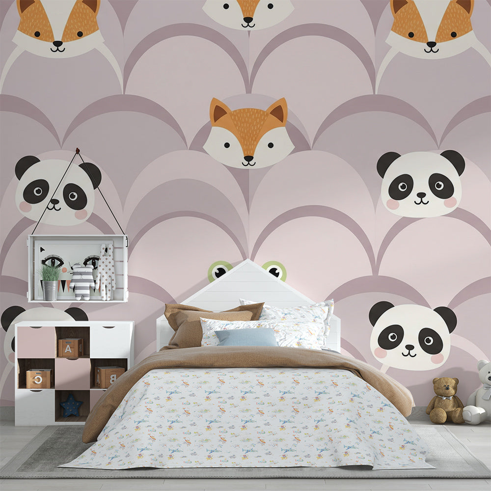 Kids-Mundo blush peekaboo animal mural bringing warmth to a playroom wall