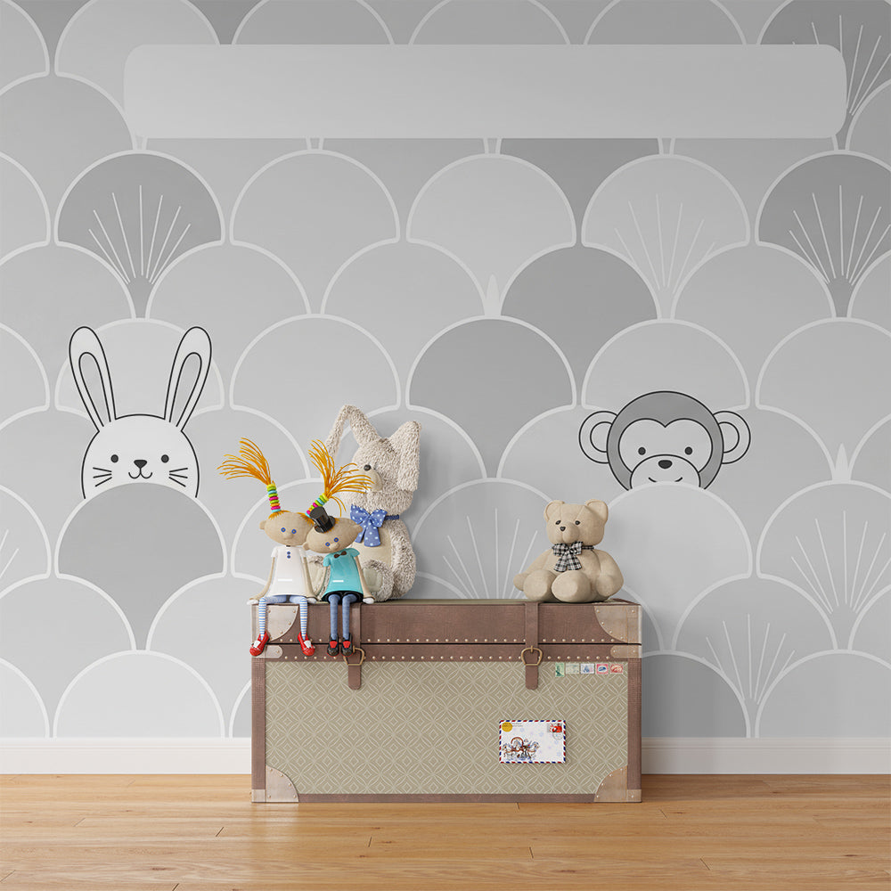 Kids-Mundo panda, rabbit and monkey wall mural made to measure for a kids bedroom wall