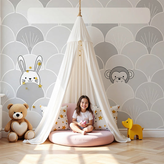 Kids-Mundo peekaboo animal wall mural in grey printed to fit a nursery feature wall