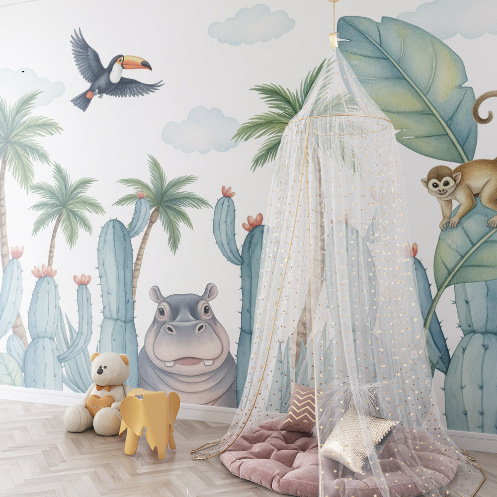 Kids-Mundo peeking hippo mural brightening a fun children's playroom wall with toys