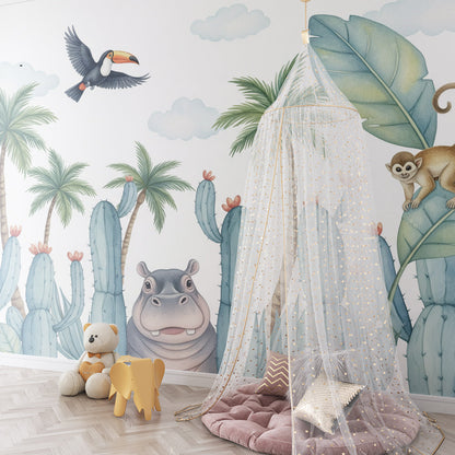 Kids-Mundo peeking hippo mural brightening a fun children's playroom wall with toys