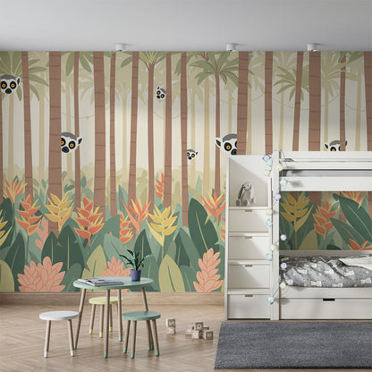 Kids-Mundo peeking lemurs jungle wall mural covering a feature wall in a kids bedroom.