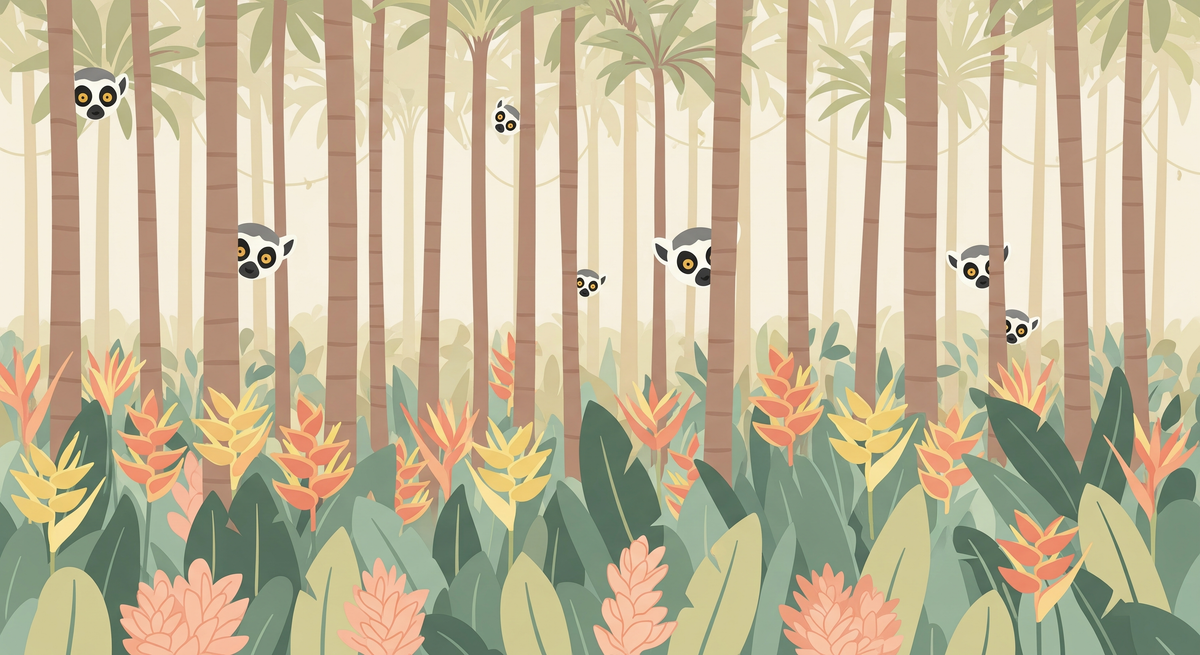 Curious Lemurs in Palm Forest Wall Mural