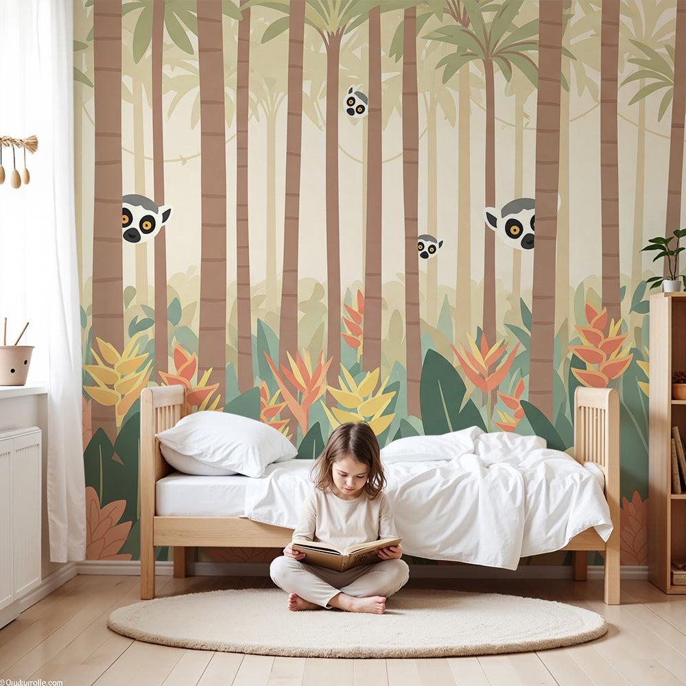 Kids-Mundo curious lemur palm forest wall mural in a warm, playful nursery.