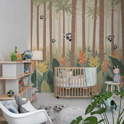 Kids-Mundo palm forest lemur mural bringing playful colour to a children's playroom.