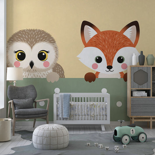 Kids-Mundo peeking owl and fox wall mural behind a bed in a cheerful kids' bedroom