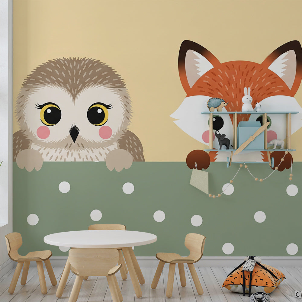 Kids-Mundo owl and fox wall mural bringing playful character to a bright playroom