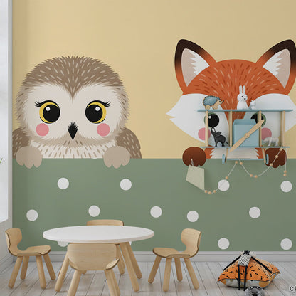 Kids-Mundo owl and fox wall mural bringing playful character to a bright playroom