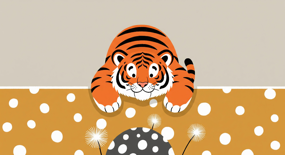 Kids-Mundo flat illustration of an orange tiger cub peeking over a spotted mustard wall design