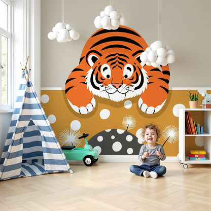 Kids-Mundo peeking tiger cub wall mural styled above a cot in a warm, neutral nursery room