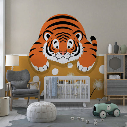 Kids-Mundo tiger cub mural with polka dot wall and dandelions in a lively children's playroom