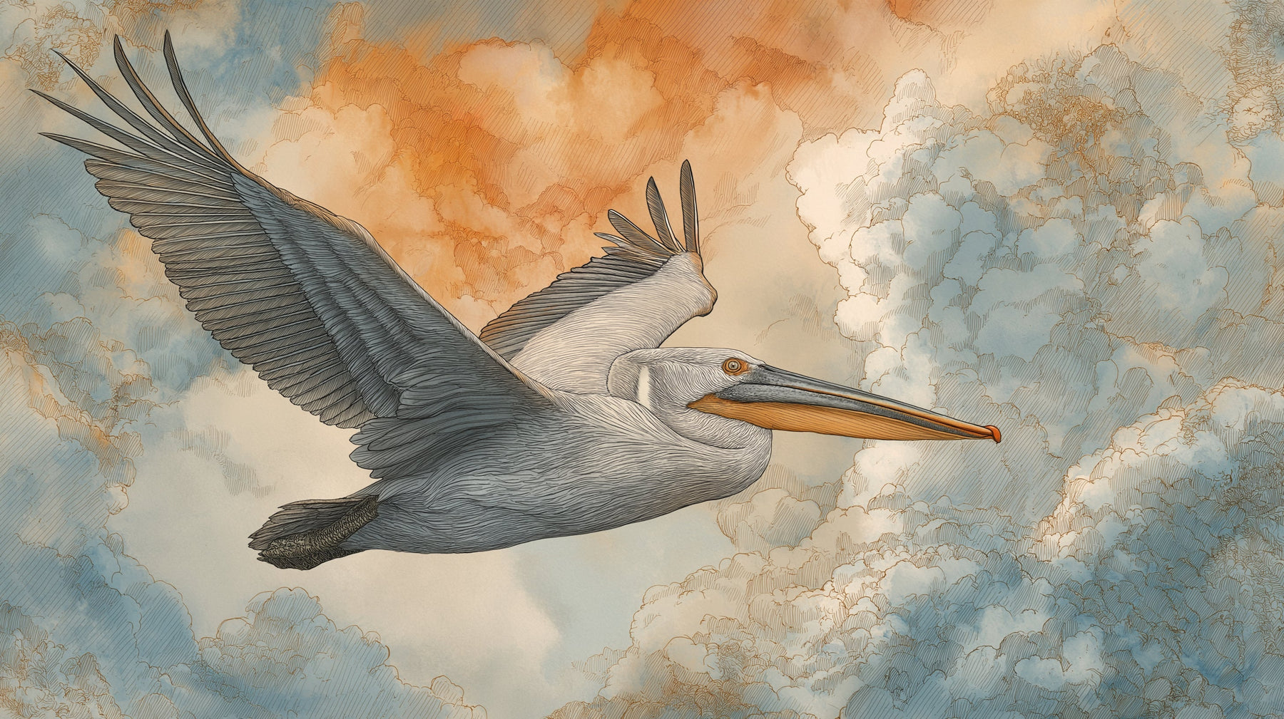 Detailed pelican in flight mural wallpaper design pattern with orange blue sky by Kids-Mundo