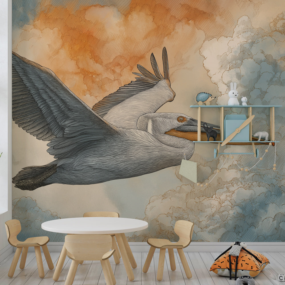 Wildlife pelican mural wallpaper with dreamy clouds in bright kids playroom setting