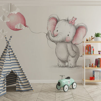 Kids-Mundo baby elephant and balloon wall mural styled in a pastel kids bedroom with soft furnishings