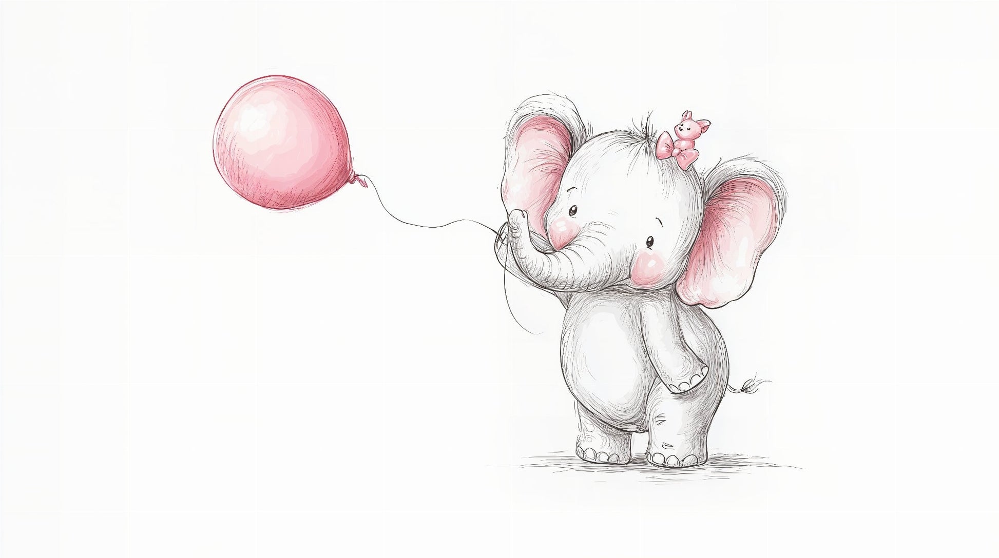 Kids-Mundo flat artwork of a pencil-sketch baby elephant holding a pink balloon on a white background