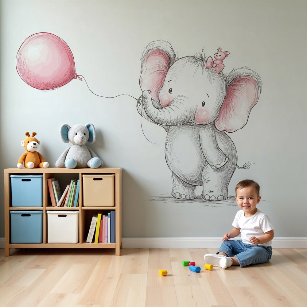 Kids-Mundo pencil-sketch elephant balloon wall mural on a nursery feature wall behind a white cot