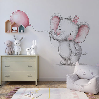 Kids-Mundo sketched elephant balloon wall mural fitted in a bright children's playroom corner