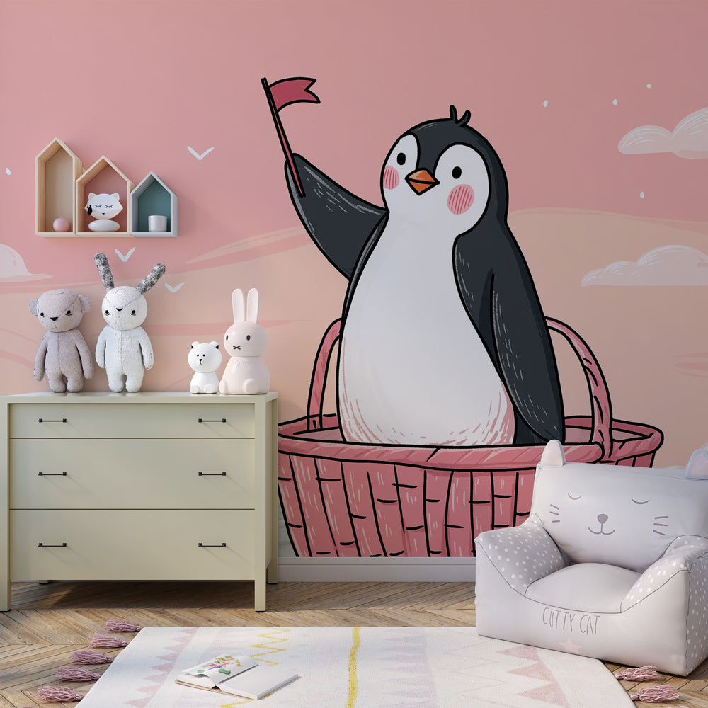 Pink penguin explorer wallpaper creating magical children's bedroom atmosphere with pastel tones