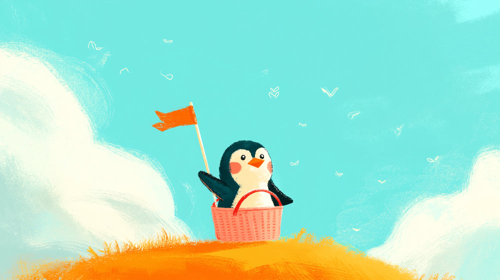 Detailed penguin adventure mural wallpaper design pattern with basket and clouds by Kids-Mundo