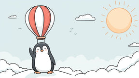 Detailed penguin hot air balloon mural wallpaper design pattern with clouds by Kids-Mundo