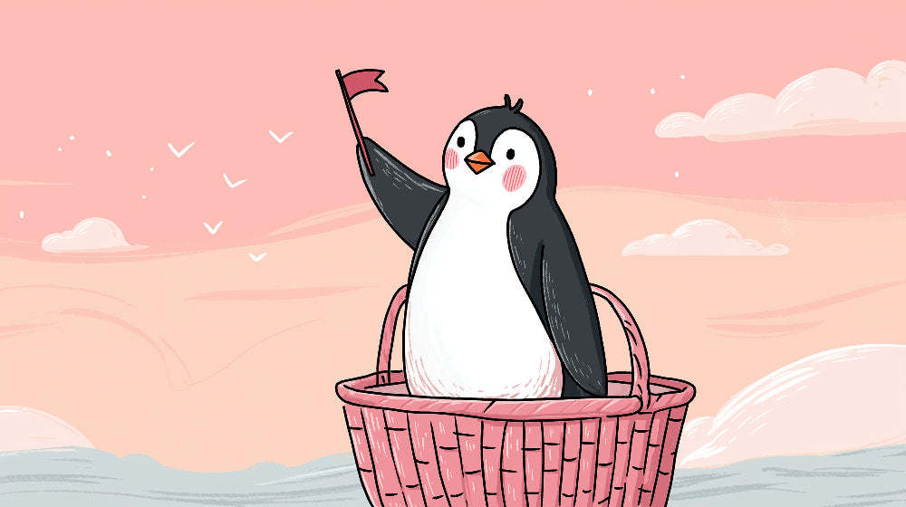 Detailed penguin adventure mural wallpaper design pattern showing pink basket explorer by Kids-Mundo