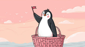 Detailed penguin adventure mural wallpaper design pattern showing pink basket explorer by Kids-Mundo