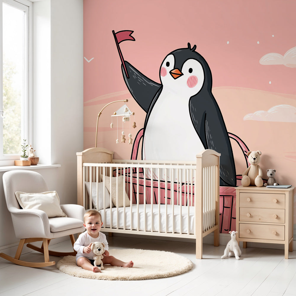Penguin adventure mural wallpaper decorating modern nursery with pink basket explorer design by Kids-Mundo