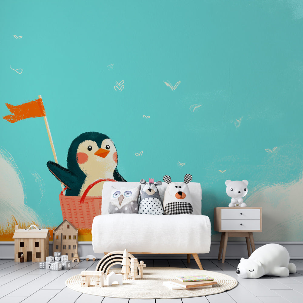 Whimsical penguin wallpaper creating magical atmosphere in children's bedroom decor