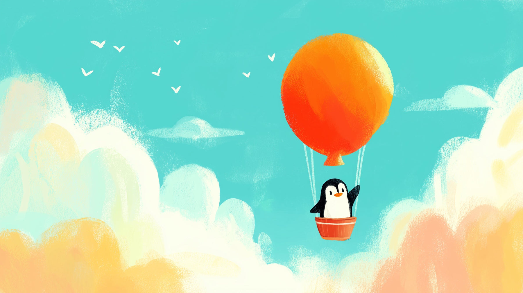 Detailed penguin hot air balloon mural wallpaper design pattern showing sky adventure theme by Kids-Mundo