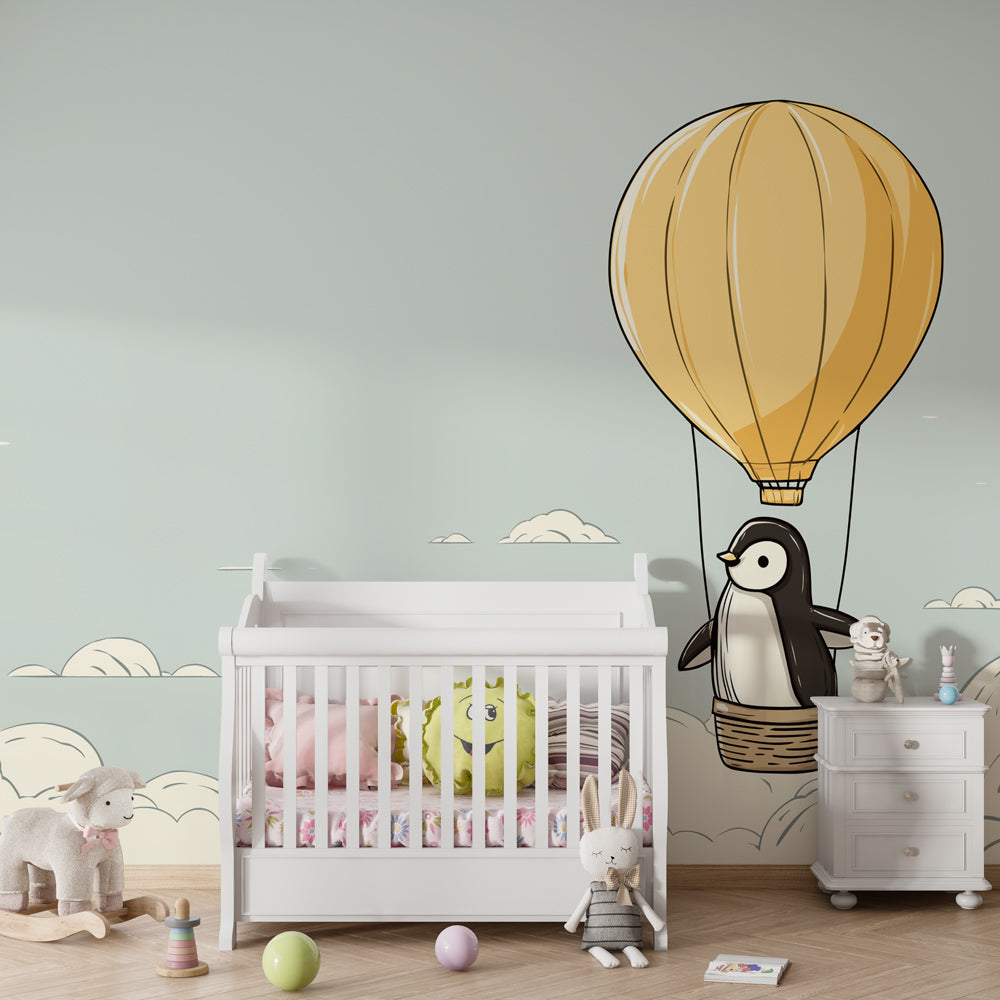 Sky adventure wallpaper featuring penguin in hot air balloon for children's bedroom decor