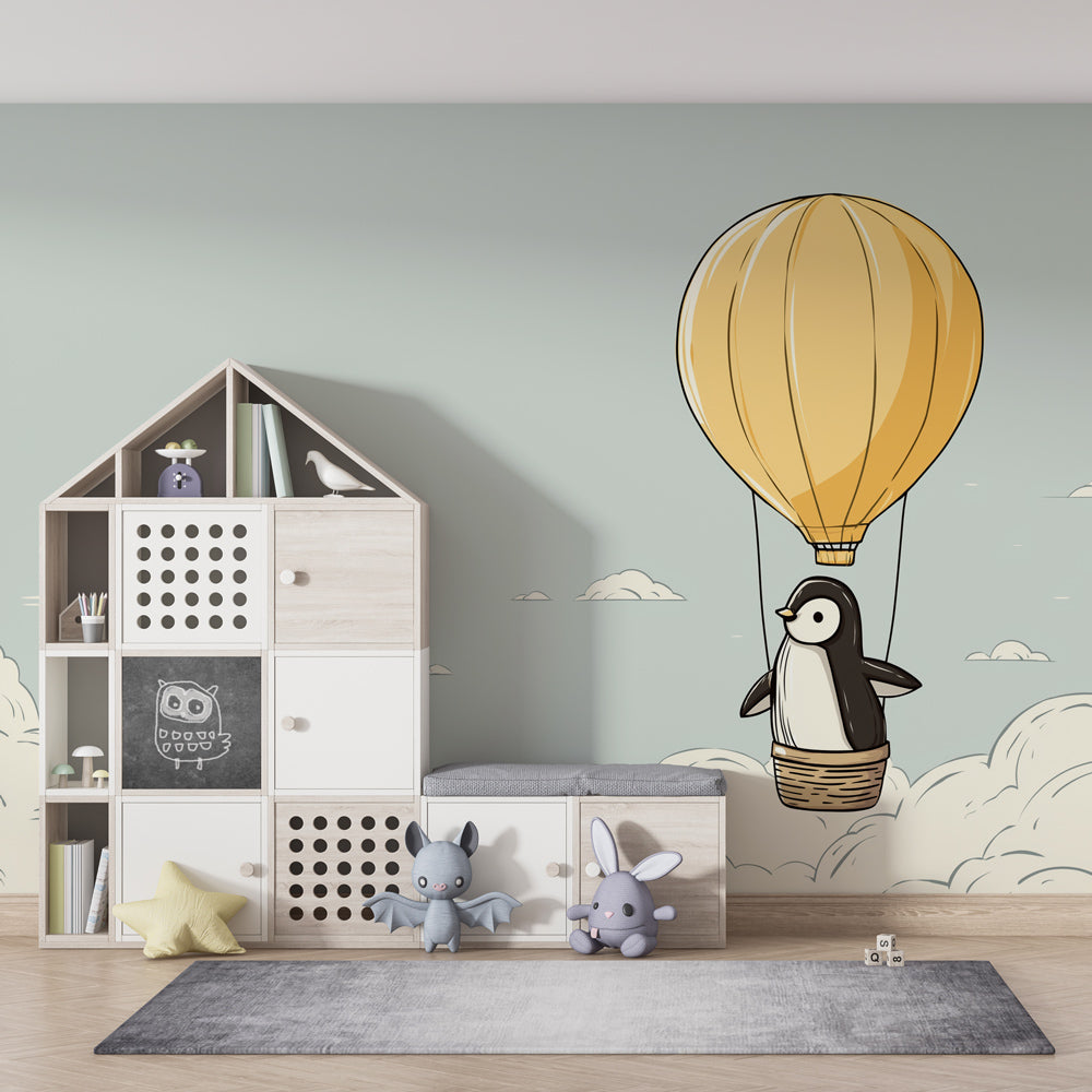 Whimsical penguin balloon wallpaper creating magical atmosphere in kids playroom