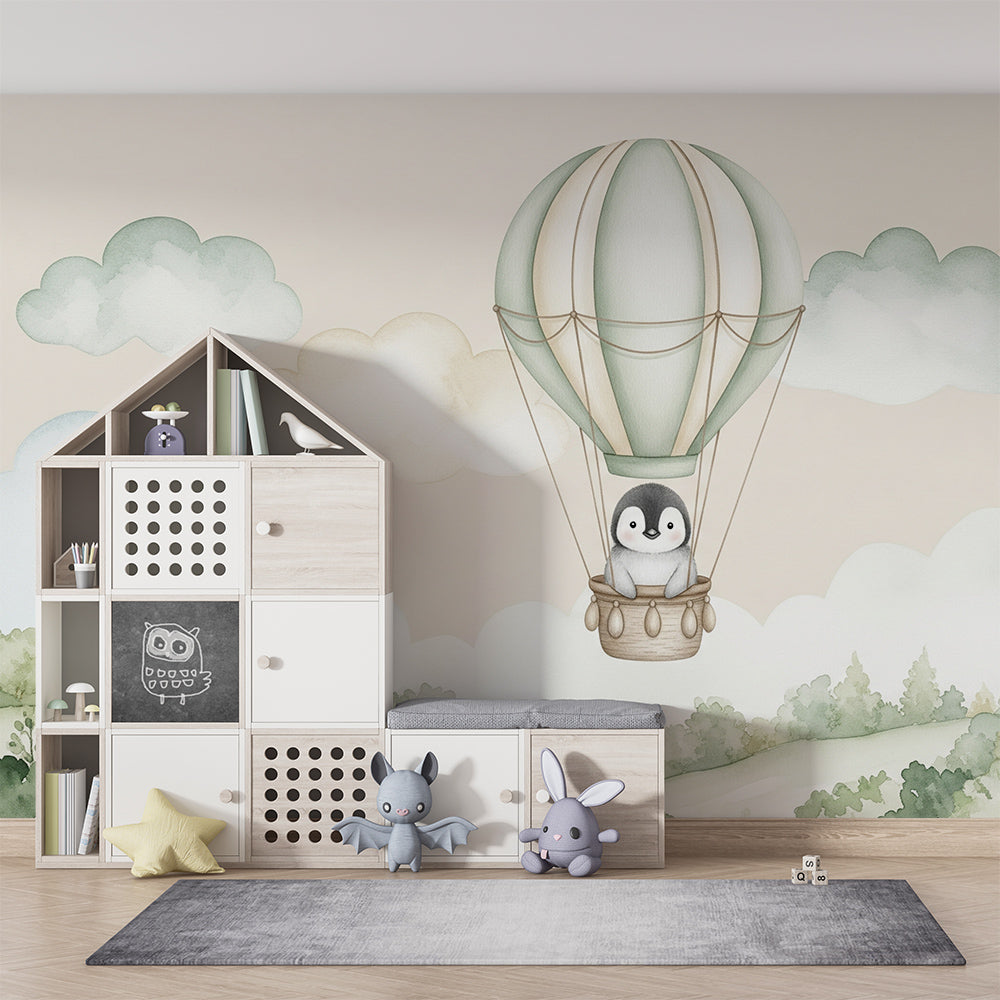 Kids-Mundo penguin balloon wall mural covering a feature wall in a cosy kids bedroom