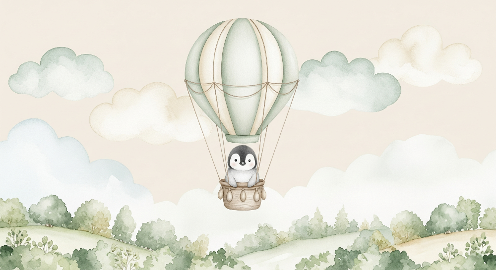 Penguin in a Hot Air Balloon Wall Mural