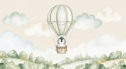 Flat artwork of the Kids-Mundo penguin hot air balloon wall mural over rolling green hills